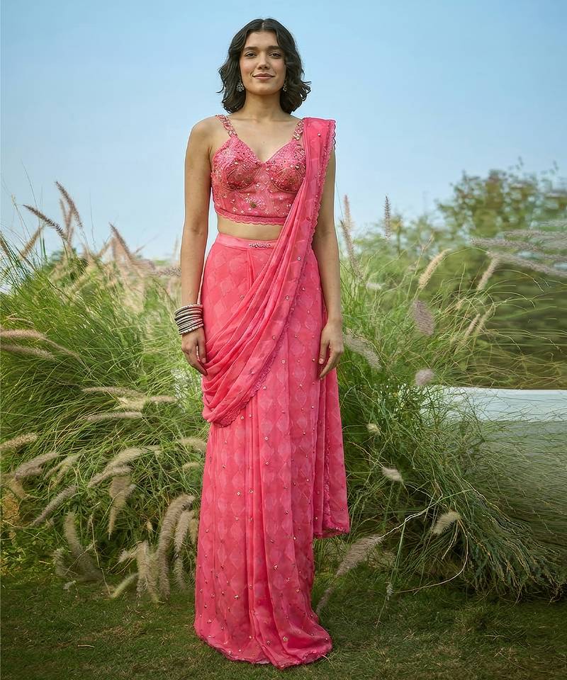 Pink Embroidered Chiffon Saree