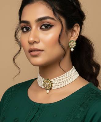  women gold plated white kundan jewellery set 5