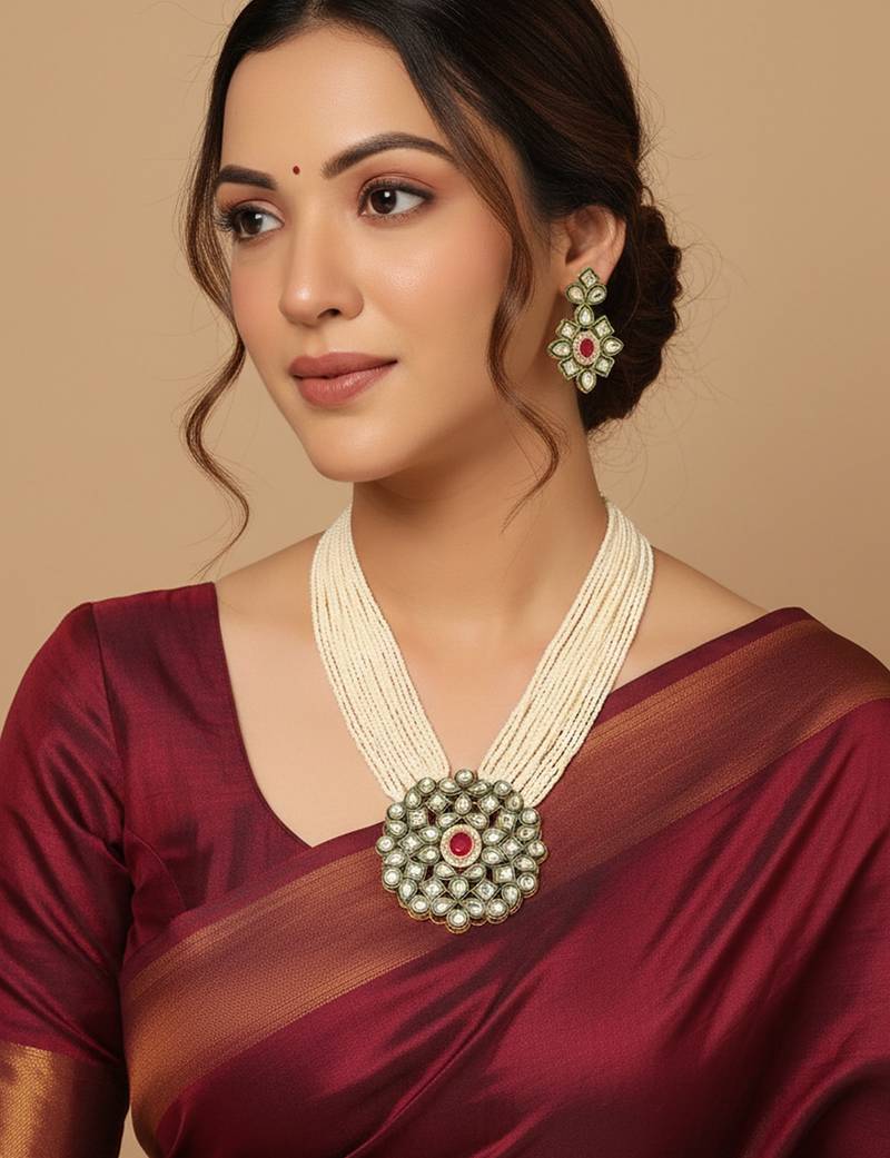  women gold plated white kundan jewellery set