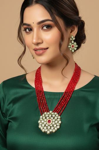  women gold plated red kundan jewellery set
