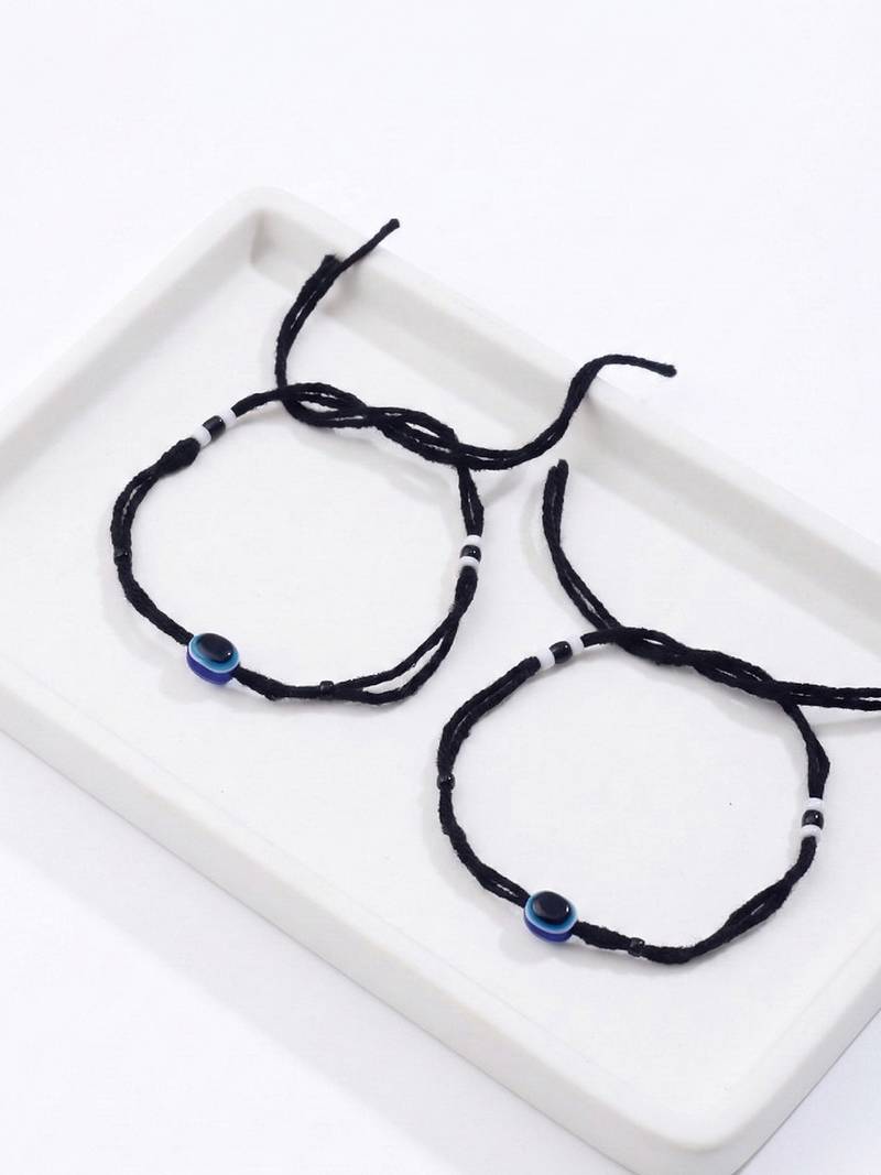  women set of 2 black beaded evil eye anklet