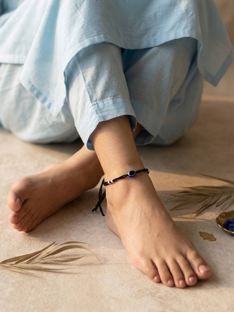  women set of 2 black beaded evil eye anklet