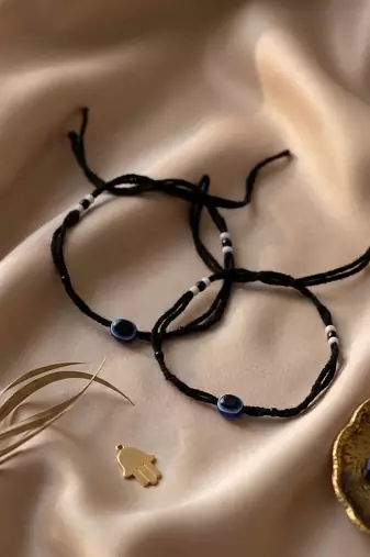  women set of 2 black beaded evil eye anklet