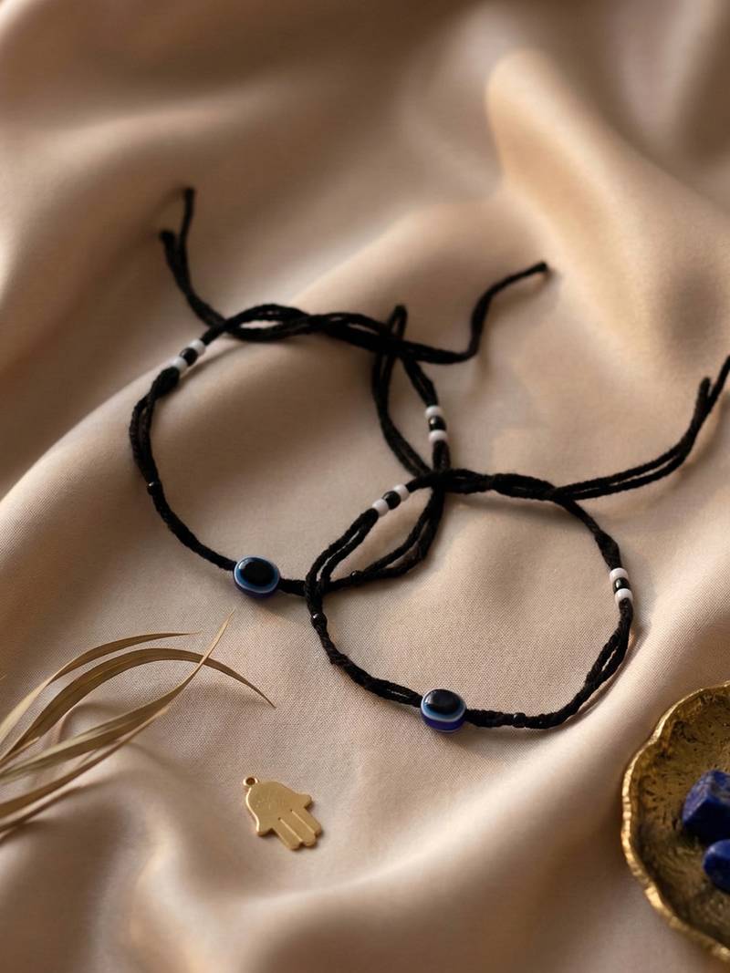  women set of 2 black beaded evil eye anklet