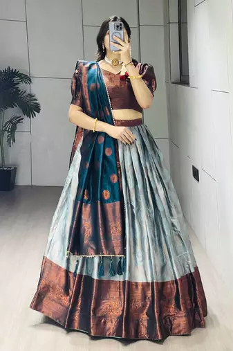 Rama Color Zari Weaving Work Silk Lehenga Choli With Unstitched Blouse