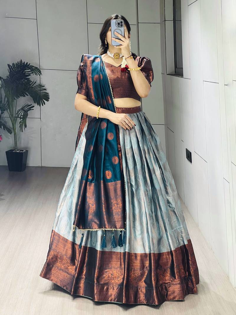 Rama Color Zari Weaving Work Silk Lehenga Choli With Unstitched Blouse