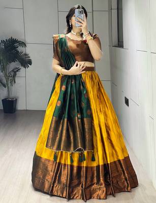 Mustard Color Zari Weaving Work Silk Lehenga Choli With Unstitched Blouse 1