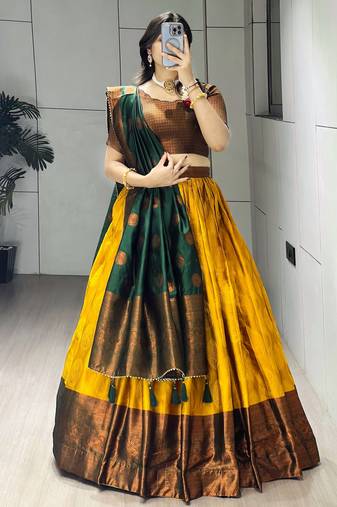 Mustard Color Zari Weaving Work Silk Lehenga Choli With Unstitched Blouse