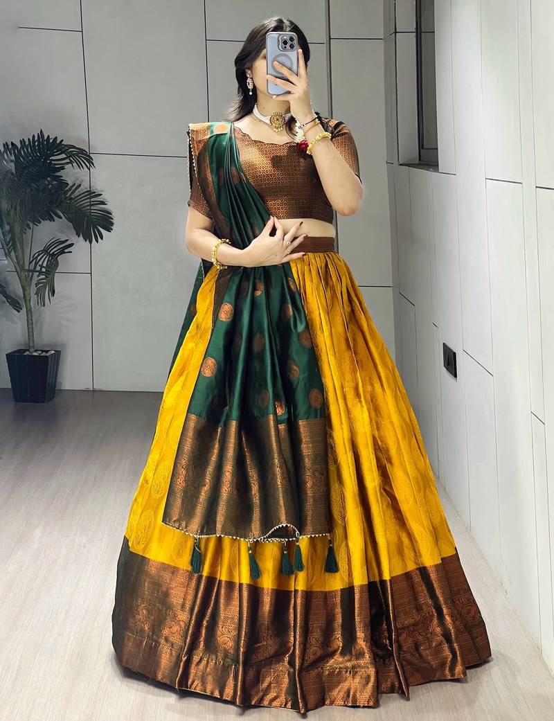 Mustard Color Zari Weaving Work Silk Lehenga Choli With Unstitched Blouse