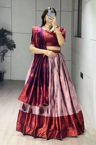 Wine Color Zari Weaving Work Silk Lehenga Choli With Unstitched Blouse