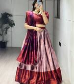 Wine Color Zari Weaving Work Silk Lehenga Choli With Unstitched Blouse