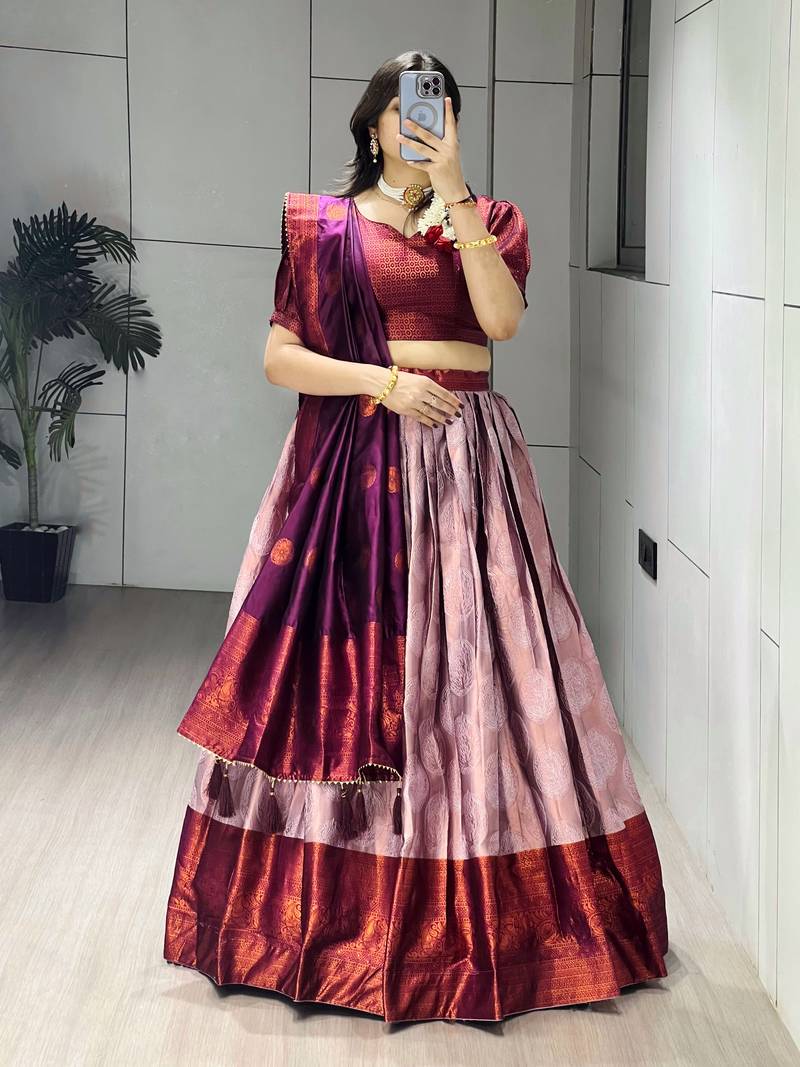 Wine Color Zari Weaving Work Silk Lehenga Choli With Unstitched Blouse