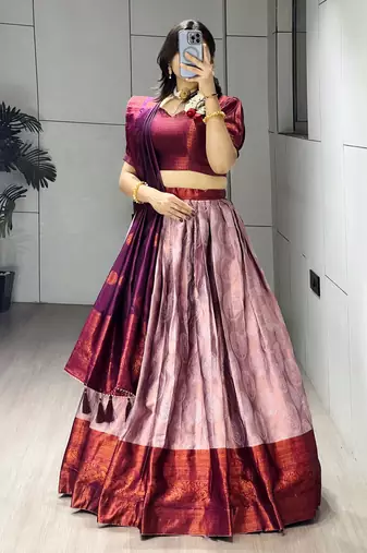 Wine Color Zari Weaving Work Silk Lehenga Choli With Unstitched Blouse