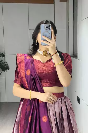 Wine Color Zari Weaving Work Silk Lehenga Choli With Unstitched Blouse