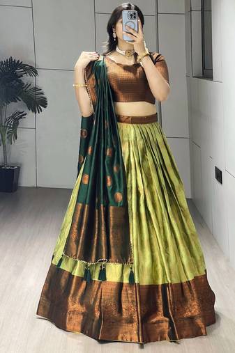 Pista Color Zari Weaving Work Silk Lehenga Choli With Unstitched Blouse