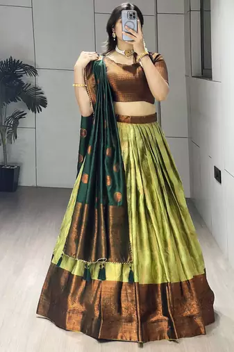 Pista Color Zari Weaving Work Silk Lehenga Choli With Unstitched Blouse