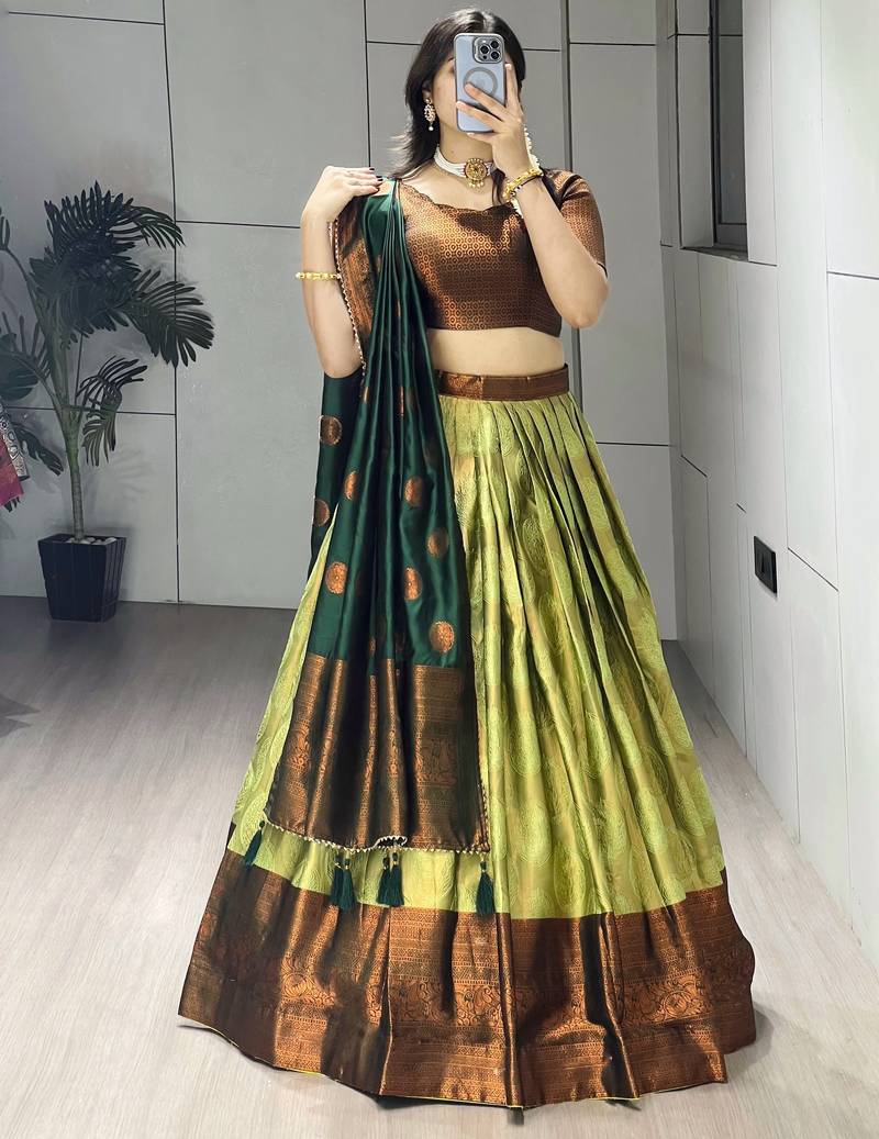 Pista Color Zari Weaving Work Silk Lehenga Choli With Unstitched Blouse