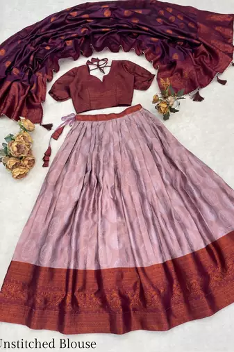 Wine Color Zari Weaving Work Silk Lehenga Choli With Unstitched Blouse