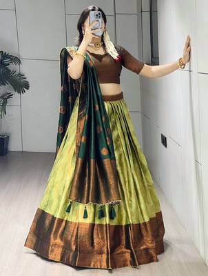 Pista Color Zari Weaving Work Silk Lehenga Choli With Unstitched Blouse 2
