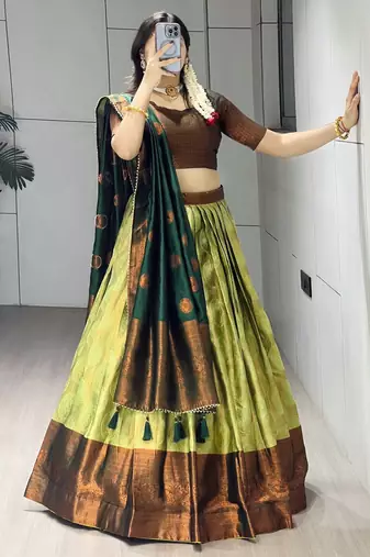 Pista Color Zari Weaving Work Silk Lehenga Choli With Unstitched Blouse