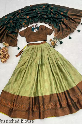 Pista Color Zari Weaving Work Silk Lehenga Choli With Unstitched Blouse