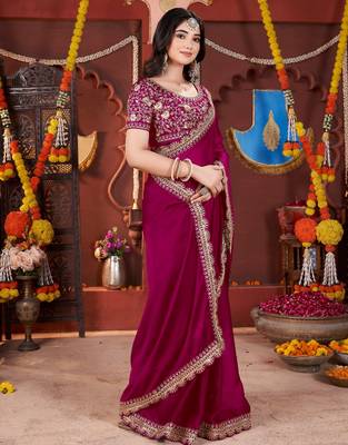 rani pink heavy embroidered silk blend party wear saree 2