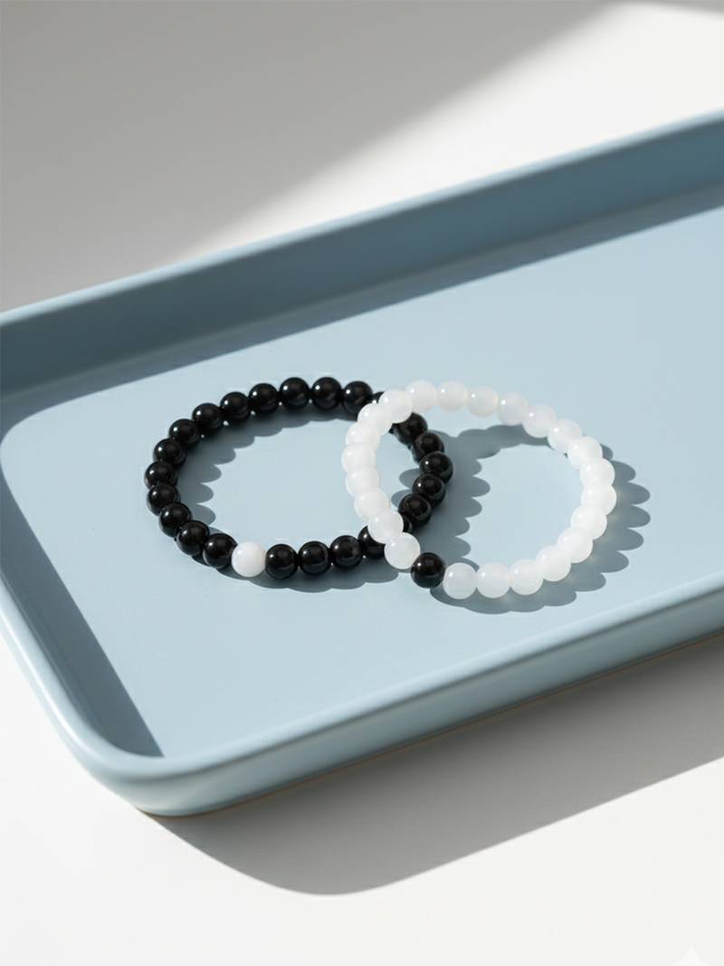  unisex set of 2 black & white crystal beaded bracelet