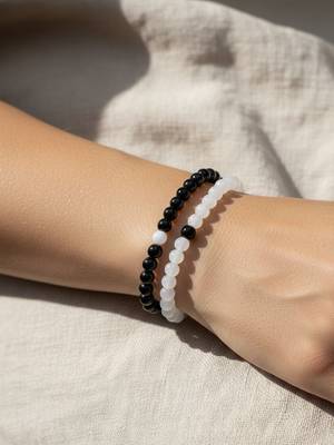  unisex set of 2 black & white crystal beaded bracelet 2