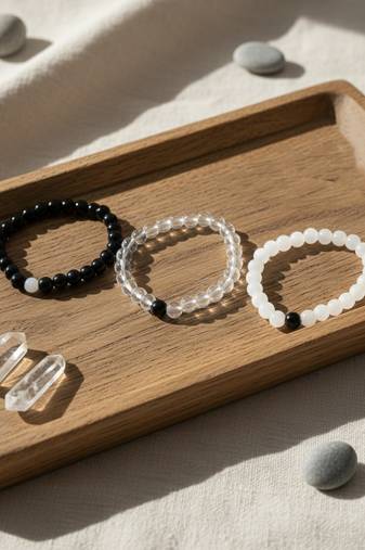  unisex set of 3 black & white crystal beaded bracelet