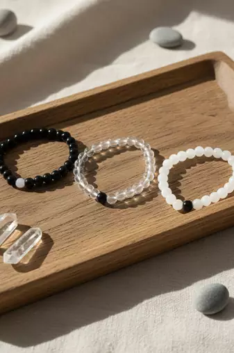  unisex set of 3 black & white crystal beaded bracelet