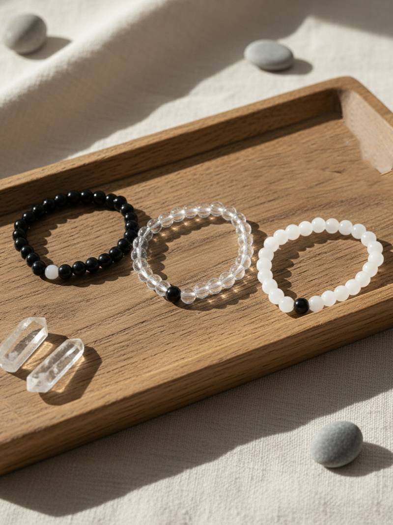  unisex set of 3 black & white crystal beaded bracelet