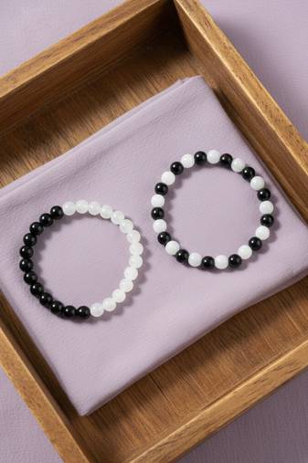  unisex set of 2 black & white crystal beaded bracelet