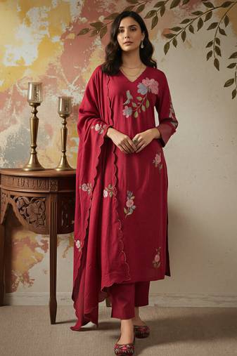 Red chanderi silk sequin v-neck kurta set with embroidered organza dupatta