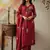 Red chanderi silk sequin v-neck kurta set with embroidered organza dupatta