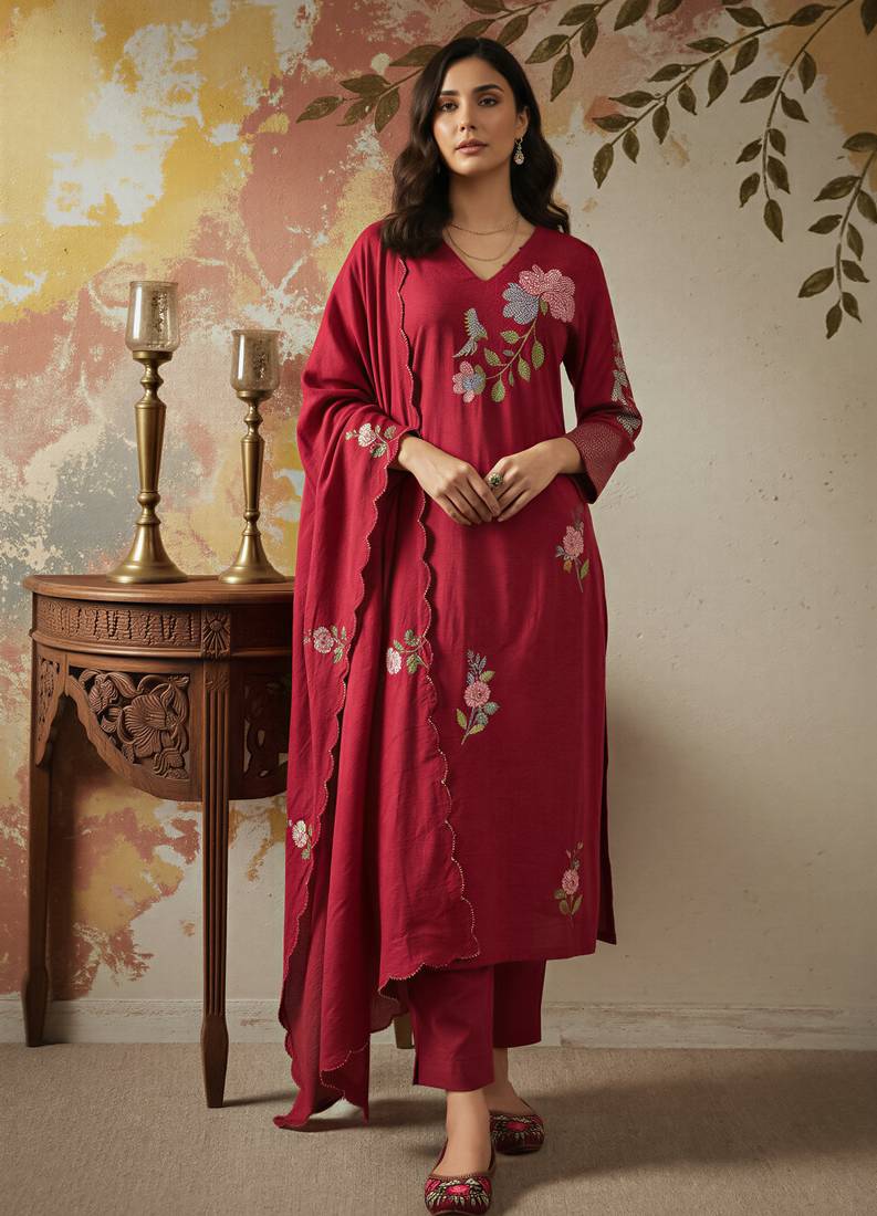 Red chanderi silk sequin v-neck kurta set with embroidered organza dupatta