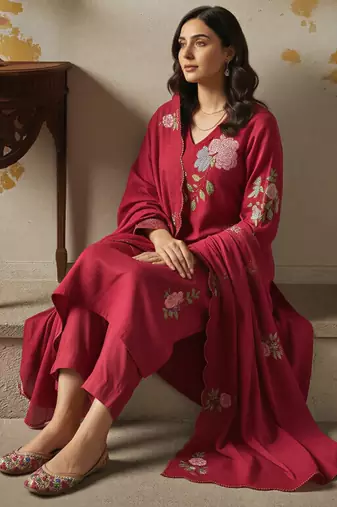 Red chanderi silk sequin v-neck kurta set with embroidered organza dupatta
