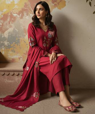 Red chanderi silk sequin v-neck kurta set with embroidered organza dupatta 4