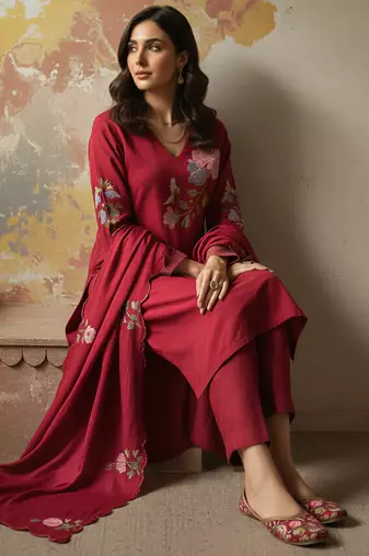 Red chanderi silk sequin v-neck kurta set with embroidered organza dupatta