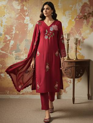 Red chanderi silk sequin v-neck kurta set with embroidered organza dupatta 5