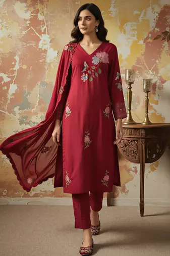 Red chanderi silk sequin v-neck kurta set with embroidered organza dupatta