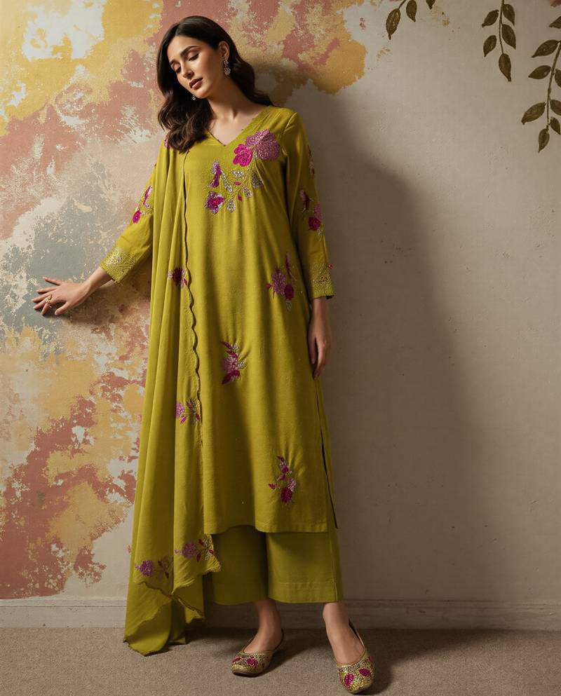 Mehendi green chanderi silk sequin kurta set with embroidered organza dupatta