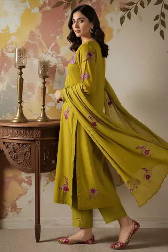 Mehendi green chanderi silk sequin kurta set with embroidered organza dupatta