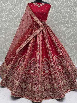 Ravishing Red Zari Embroidery Silk Bridal Lehenga Choli With Double Dupatta 6