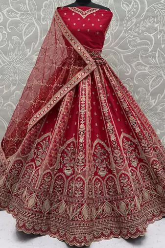 Ravishing Red Zari Embroidery Silk Bridal Lehenga Choli With Double Dupatta