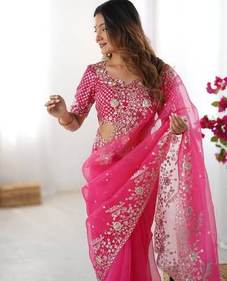 Rani Pink Color Thread & Sequin Embroidery Work Organza Silk  Saree 2