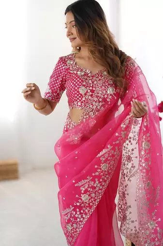 Rani Pink Color Thread & Sequin Embroidery Work Organza Silk  Saree