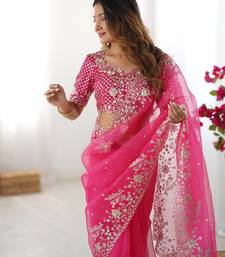 Rani Pink Thread & Sequin Embroidery Organza Silk Saree