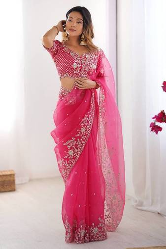 Rani Pink Color Thread & Sequin Embroidery Work Organza Silk  Saree
