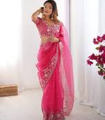 Rani Pink Color Thread & Sequin Embroidery Work Organza Silk  Saree