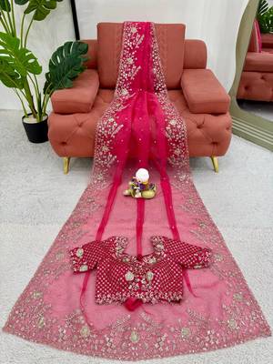 Rani Pink Color Thread & Sequin Embroidery Work Organza Silk  Saree 5